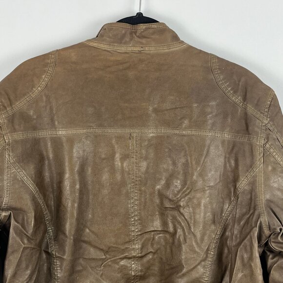 Point Zero Faux Leather Bomber Jacket Size S Brown Long Sleeve Band Collar Zip - Picture 7 of 9